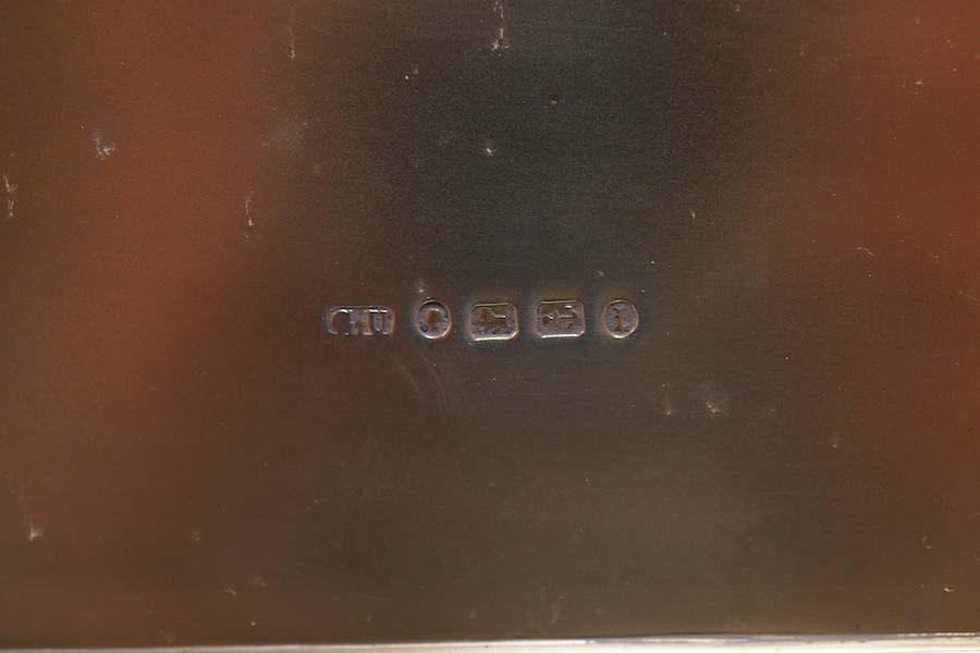 A Victorian silver rectangular cigarette box, by George Unite, with two interior lidded cedar wood lined compartments and engraved WS monogram, London, 1885, 17.9cm. Provenance - formerly the property of Walter Shoolbred